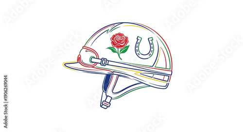 Colorful jockey helmet illustration with rose and horseshoe symbols representing horse racing and