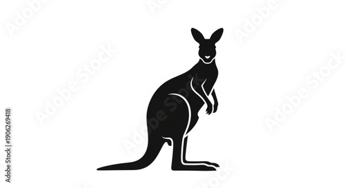 Black silhouette of a kangaroo standing on a plain white background looking forward with ears perked up