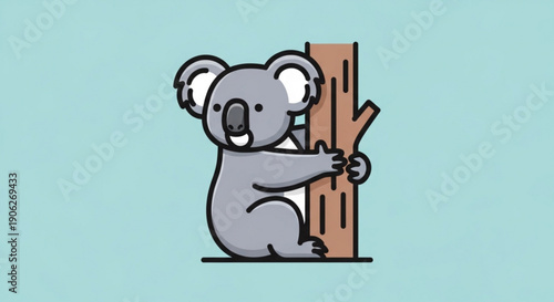 Cute cartoon koala bear hugging tree trunk on blue background smiling and playful