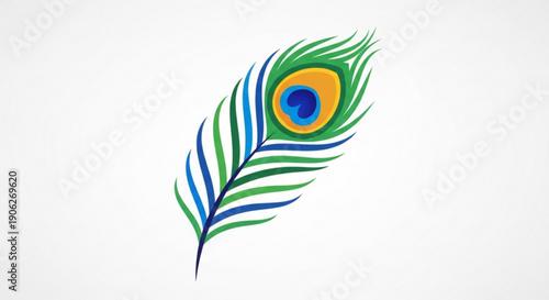 Vibrant peacock feather with blue green and yellow hues on white background symbolizing beauty and nature