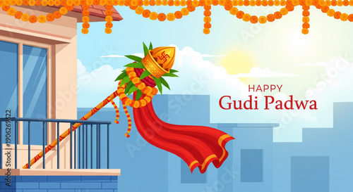 Traditional Gudi Padwa festival celebration vector illustration showing gudi on home balcony with marigold garland city background hindu new year greeting
