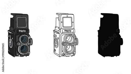 Three views of a vintage twin-lens reflex camera are shown.