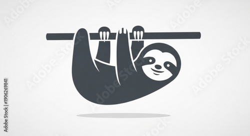 Smiling sloth hanging upside down from a branch on white background with gray shadow