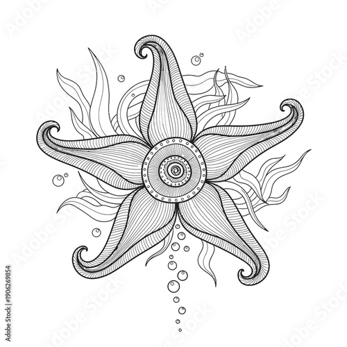 Black and white sea creature drawing.