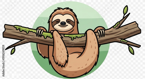 A cute cartoon sloth hanging on a tree branch with green leaves smiling and looking relaxed in a natural setting