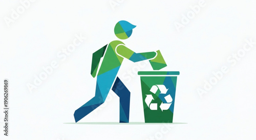 Man throwing paper into green recycling bin with symbol eco friendly waste management concept