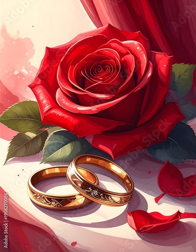 Close up of golden wedding rings with vibrant red rose flower illustration