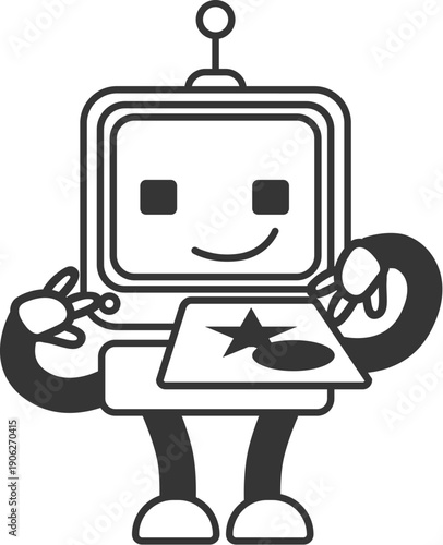 Sticker outline chat-bot printing picture character. Ai robotic avatar retro style illustration