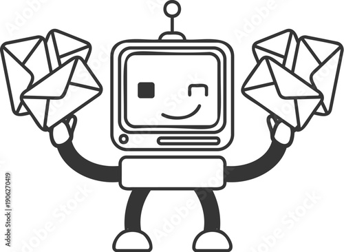 Sticker outline chat-bot with mails character. Ai robotic avatar retro style illustration