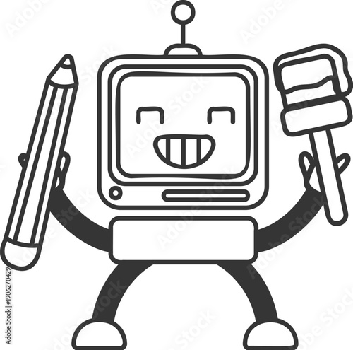 Sticker outline chat-bot drawing character with pencil and brush. Ai robotic avatar retro style illustration