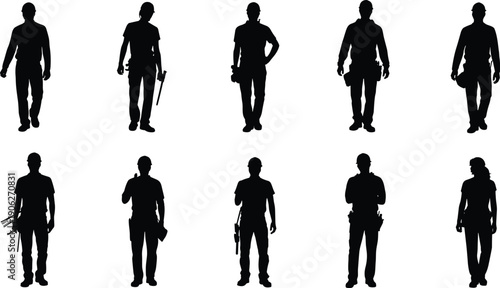 Black silhouette construction workers collection, builders with tools isolated on white background industry concept
