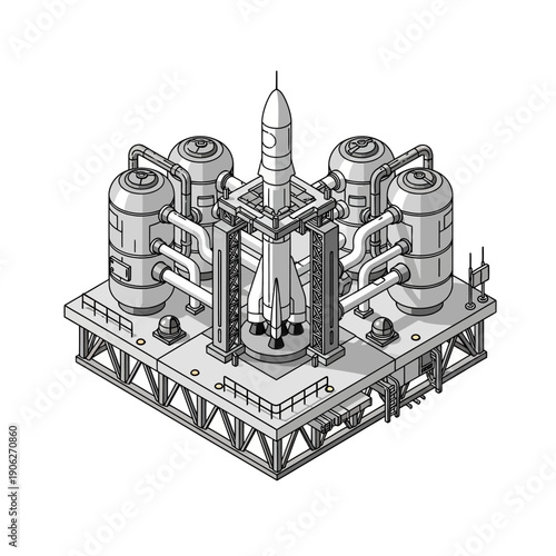 Isometric illustration of a rocket launchpad with fuel tanks and infrastructure.