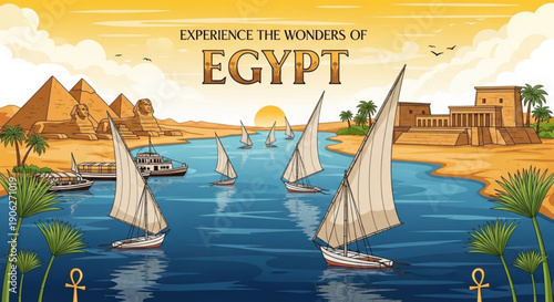 Serene desert lake with sailboats on calm waters surrounded by sandy hills and blue sky