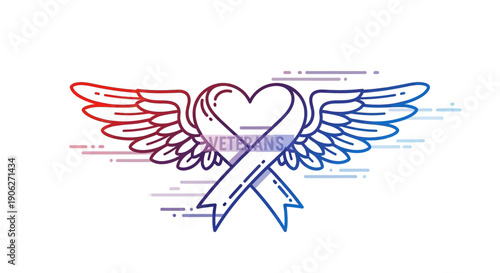 Symbolic gradient outline of a heart with wings and a 'Veterans' ribbon honoring service and