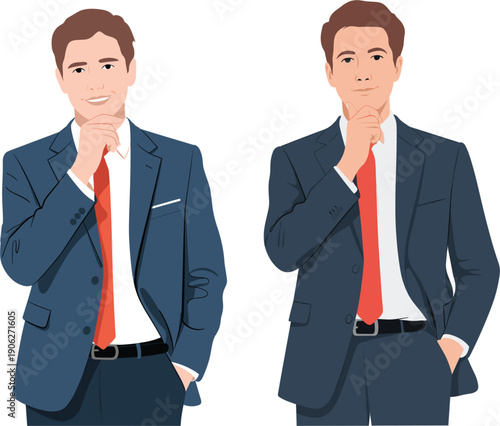 Professional young businessman character set wearing elegant navy blue suit and red tie posing thoughtfully for corporate career success leadership marketing and executive office management