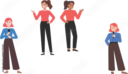 Professional young female public speaker characters set holding microphones and gesturing for corporate presentation speech training and communication concept flat vector illustration