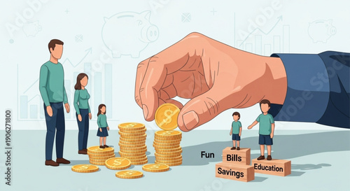 Family standing on stack of gold coins with shield and graph symbolizing financial security and growth