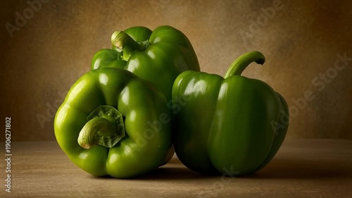 Three Green Bell Peppers on Table.