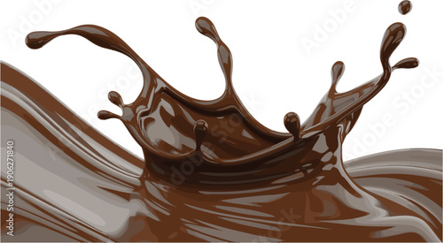 Realistic Dark Liquid Chocolate Splash with Elegant Swirling Waves and Glossy Droplets Isolated on White Background for Sweet Dessert Food Branding Design