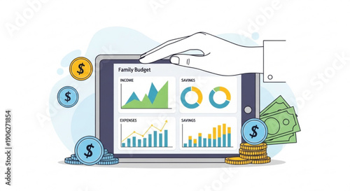 Family protected by financial shield with currency symbols representing economic security and stability for parents and children