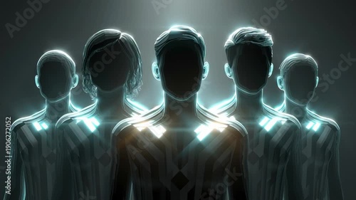 Glowing Human Silhouettes in Dark Background.