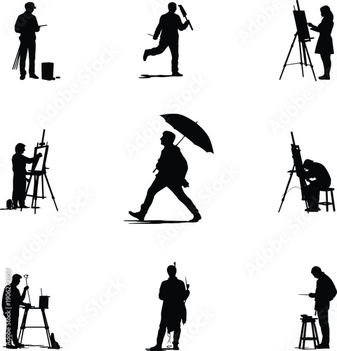 Black silhouette artist collection, painter with easel umbrella creative people isolated on white background set