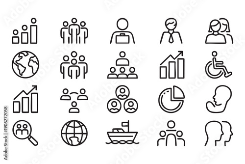 Teamwork and people analytics outline icons for business