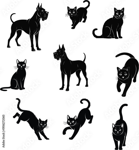 Set of black cat and dog silhouettes vector illustrations in various poses isolated on a white background
