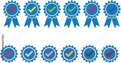 Set of blue award ribbon badges and quality guarantee stickers with colorful check marks for product certification and success flat vector illustration
