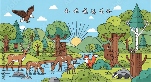 Wildlife conservation versus deforestation illustration with moose and bison in natural habitats