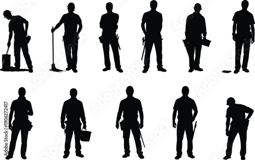 Black silhouette construction and maintenance workers set, builders with tools isolated on white background industry