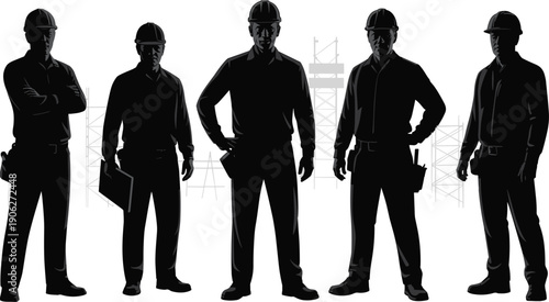 Black silhouette construction engineers team, builders with helmets isolated on white background industrial project concept