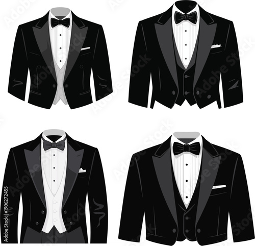 Set of classic black male tuxedo suit icons with bow ties for formal gala wedding celebration and professional gentleman dress code flat vector illustration