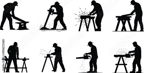 Black silhouette carpenter workers set, wood cutting and sawing isolated on white background woodworking industry collection