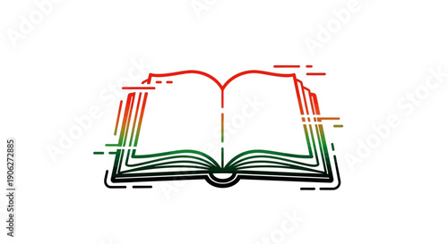 Abstract open book icon with vibrant glitch effect showing digital knowledge and modern learning