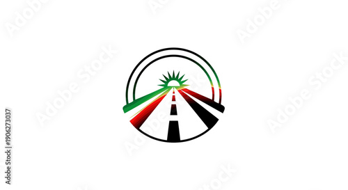 Circular logo design featuring a sun rising over a highway with green, red, and dark stripes