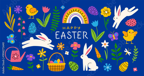 Cute colorful Easter design elements set. Hand drawn festive illustrations in playful style.