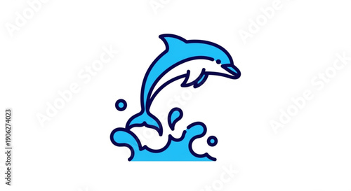 Dolphin jumping out of water with splashes around blue and white color scheme energetic and playful illustration