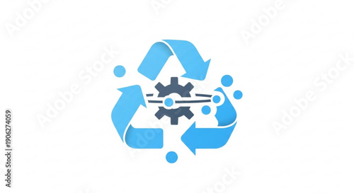 Blue recycling symbol with gears and arrows on white background representing eco friendly technology and sustainable innovation