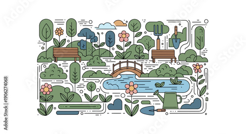Illustration of a Serene Garden Landscape.