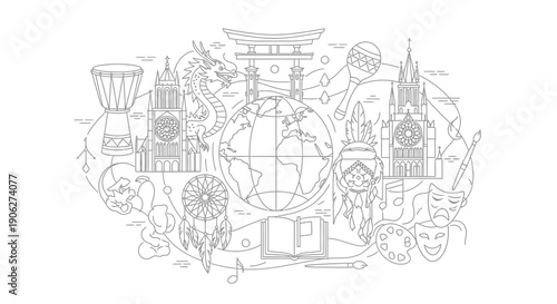 Illustration of Various Cultural Landmarks and Symbols.