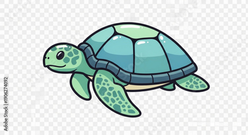 Colorful cartoon turtle walking on transparent background with green shell and legs