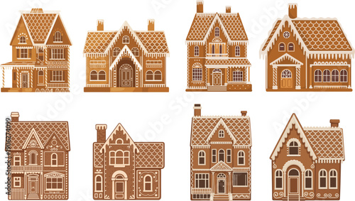 Set of eight gingerbread house vector illustrations with white icing sugar details for Christmas holiday celebration and decor