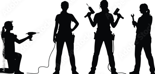 Black silhouette women construction workers set, female builder with drill tools isolated on white background industry
