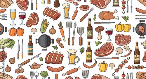 Seamless Barbecue Pattern Design with BBQ Meat, Vegetables, Beer, Wine, and Cooking Equipment Icons, Modern Minimal Flat Illustration Background