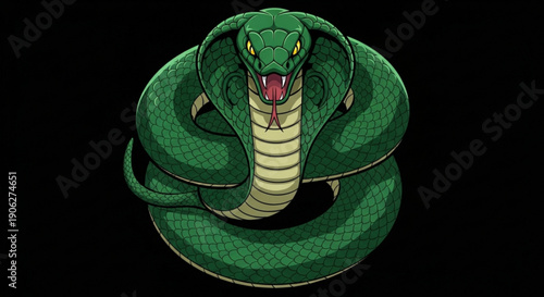 Green snake coiled with mouth open menacing cartoon illustration on black background reptile danger symbol