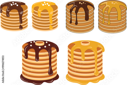 Set of fluffy pancake stacks with maple syrup and chocolate sauce toppings isolated on white background for breakfast menus