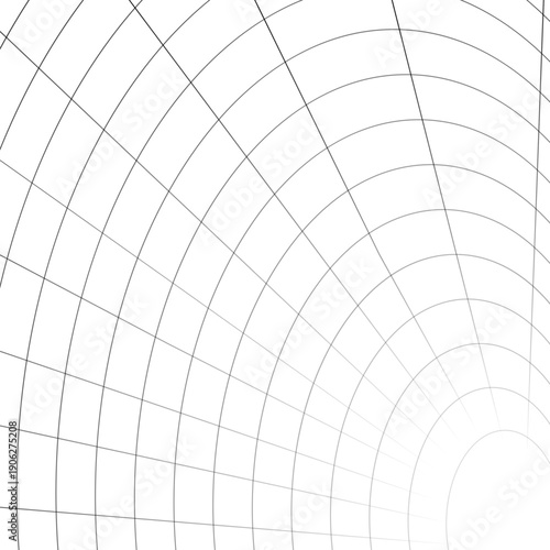 Tunnel with rounded corners receding into distance. Moving energetic grid structure of fine lines. Simple black and white dynamic vector background