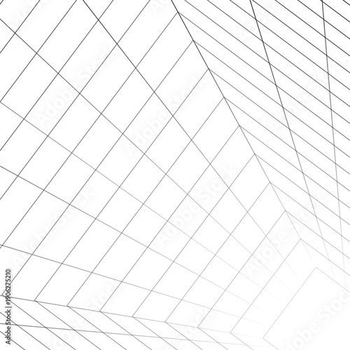 Corridor with wavy side walls receding into distance. Moving energetic grid structure of fine lines. Simple black and white dynamic vector background