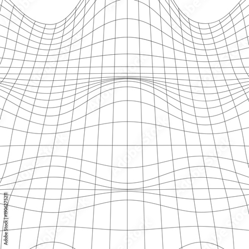 Wave wracked surface. Moving energetic grid structure of fine lines. Simple black and white dynamic vector background